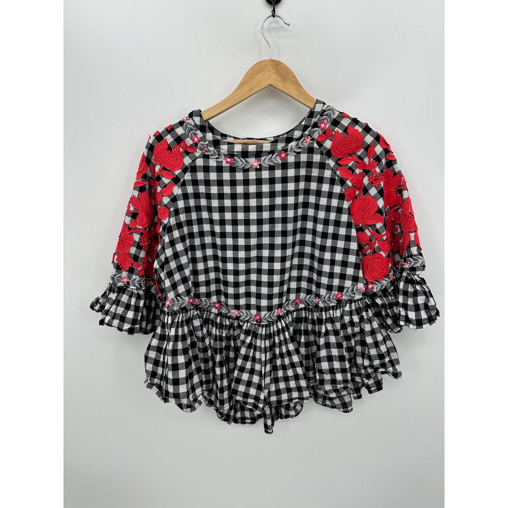 Anthropologie Gingham Swing Tunic Women XS Black White Floral Ruffle‎ Babydoll